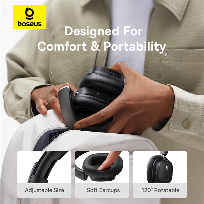 Person holding a black earbud case with baseus branding, emphasizing comfort and portability.