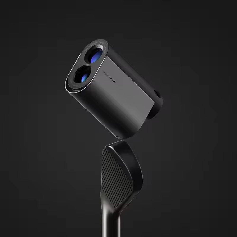 HOTO Golf Laser Rangefinder, Golf rangefinder attached to a golf club on a dark background