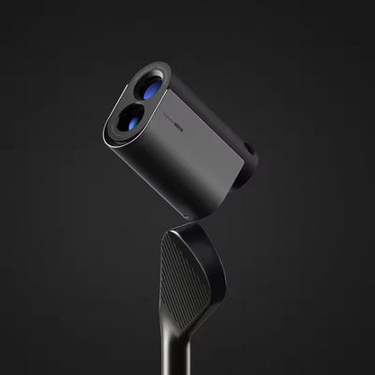 HOTO Golf Laser Rangefinder, Golf rangefinder attached to a golf club on a dark background