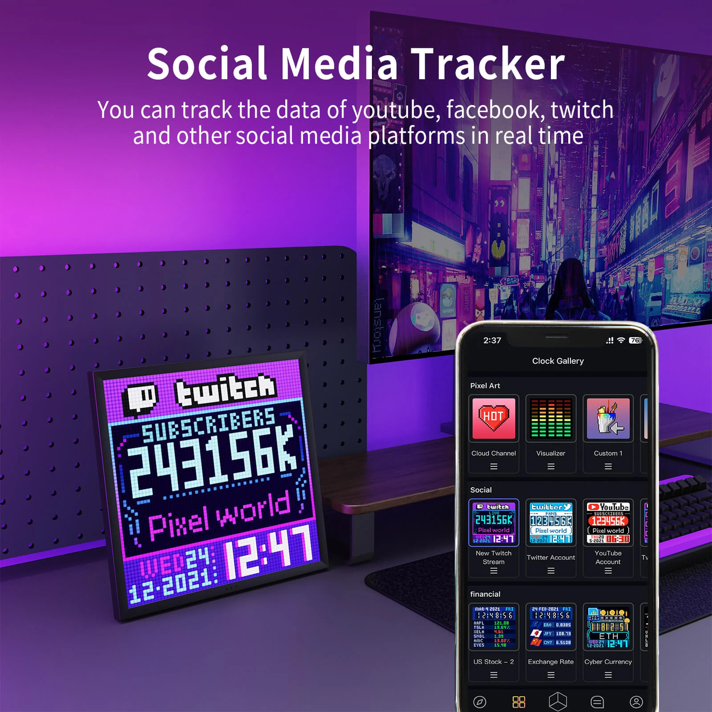 Divoom Pixoo 16×16 RGB Pixel LED Display (Smart App, Desktop & Wall Mount) Digital display and smartphone showing social media tracker app with a purple-themed background.