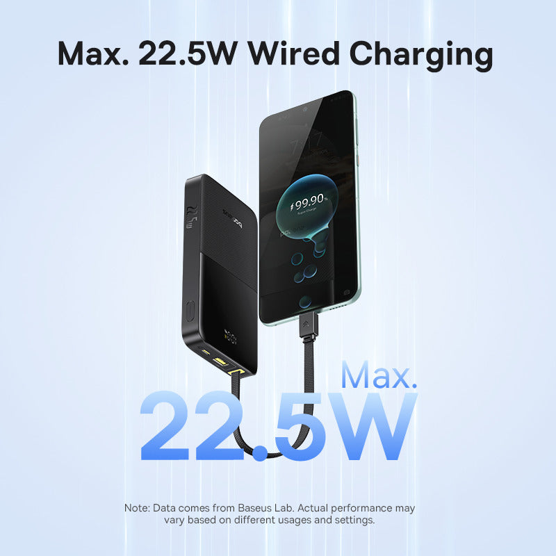Charging device with smartphone showing 22.5W wired charging on a light blue background