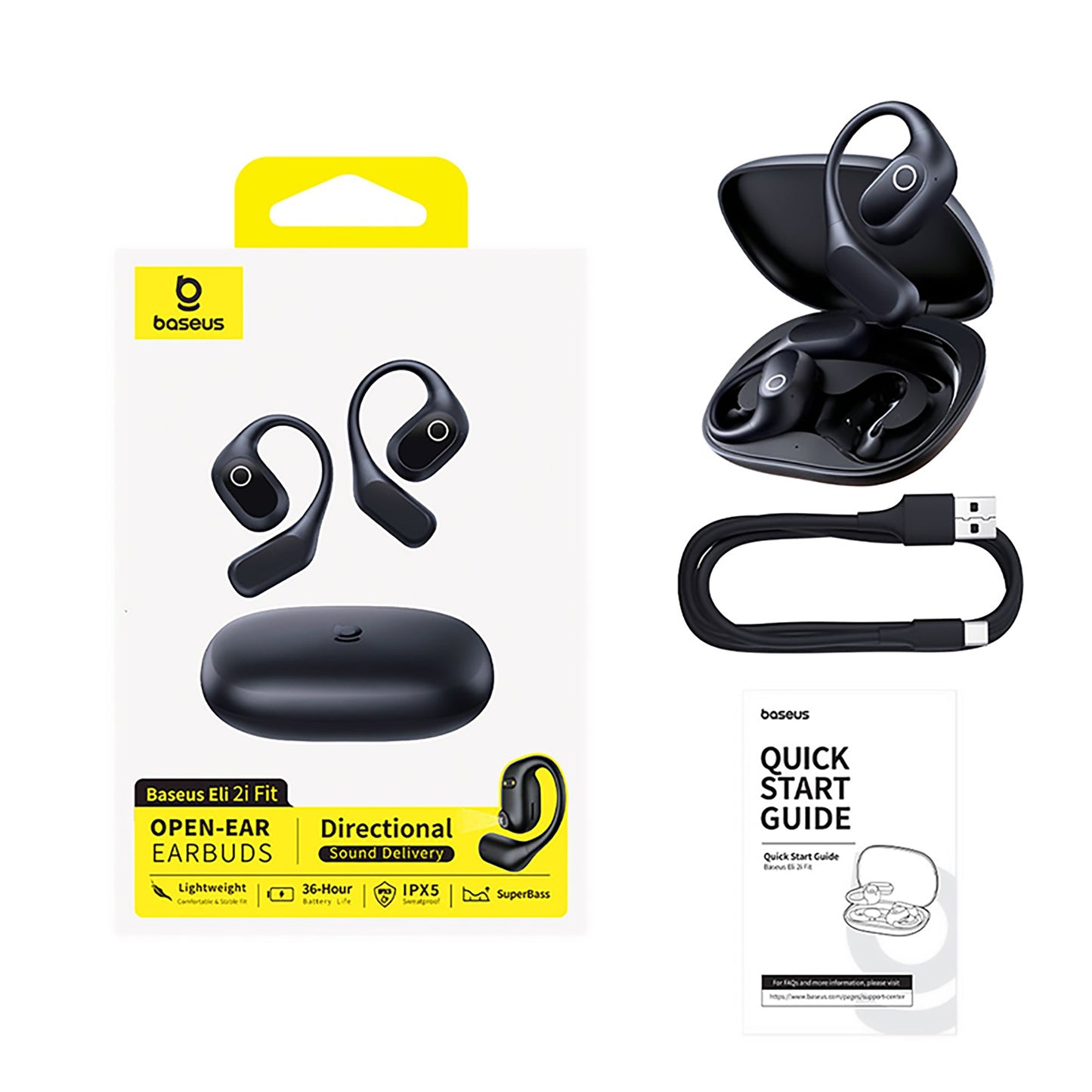 Baseus open-ear earbuds with packaging and accessories on a white background