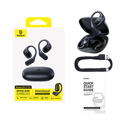 Baseus open-ear earbuds with packaging and accessories on a white background