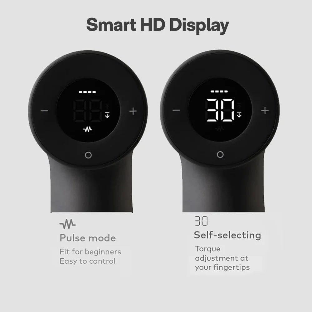 Two black handheld devices with digital displays on a gray background, labeled 'Pulse mode' and 'Self-selecting torque'.