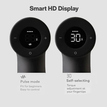 Two black handheld devices with digital displays on a gray background, labeled 'Pulse mode' and 'Self-selecting torque'.