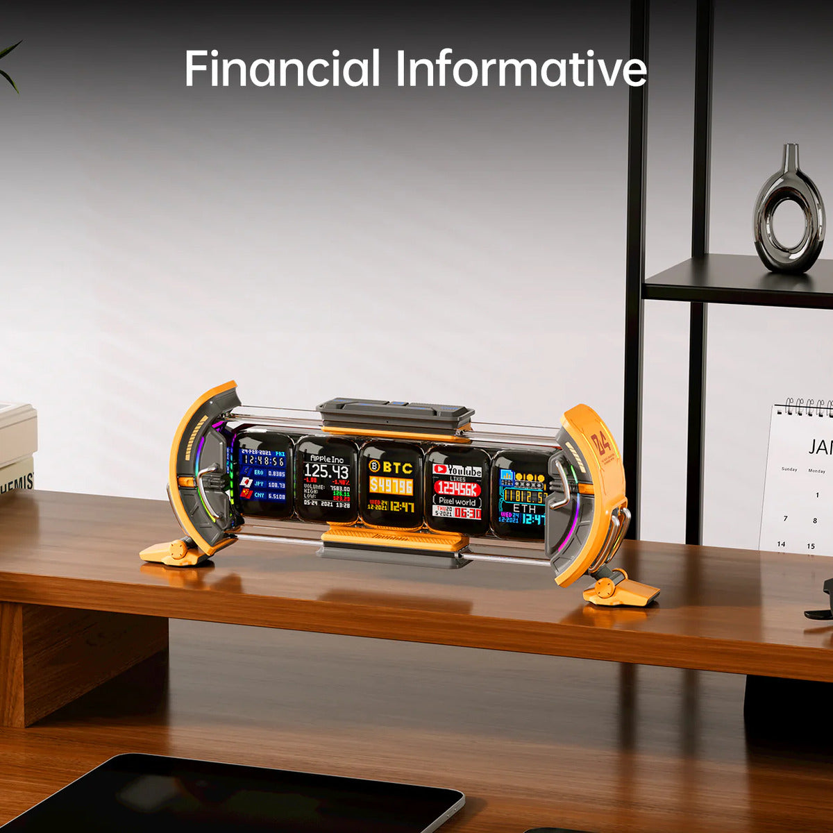 Divoom Times Gate 5‑Screen Smart Pixel Display (Wi‑Fi, RGB, Live Data Tracker) Digital display on a desk with financial information, labeled 'Financial Informative'.