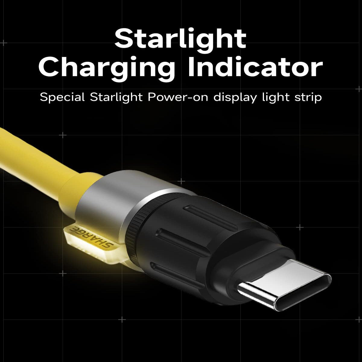Sharge Phantom USB‑C to USB‑C Cable (240W PD 3.1, 1.2m Silicone, LED Indicator) Starlight charging indicator with USB-C connector on a dark background