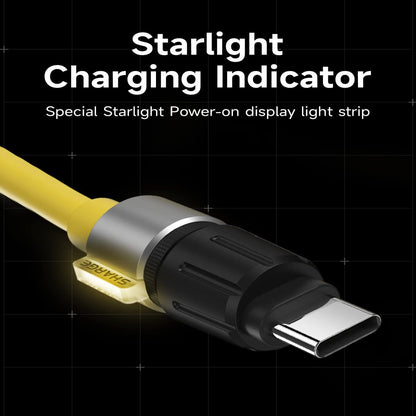 Sharge Phantom USB‑C to USB‑C Cable (240W PD 3.1, 1.2m Silicone, LED Indicator) Starlight charging indicator with USB-C connector on a dark background
