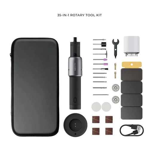 35-in-1 rotary tool kit with various attachments on a white background
