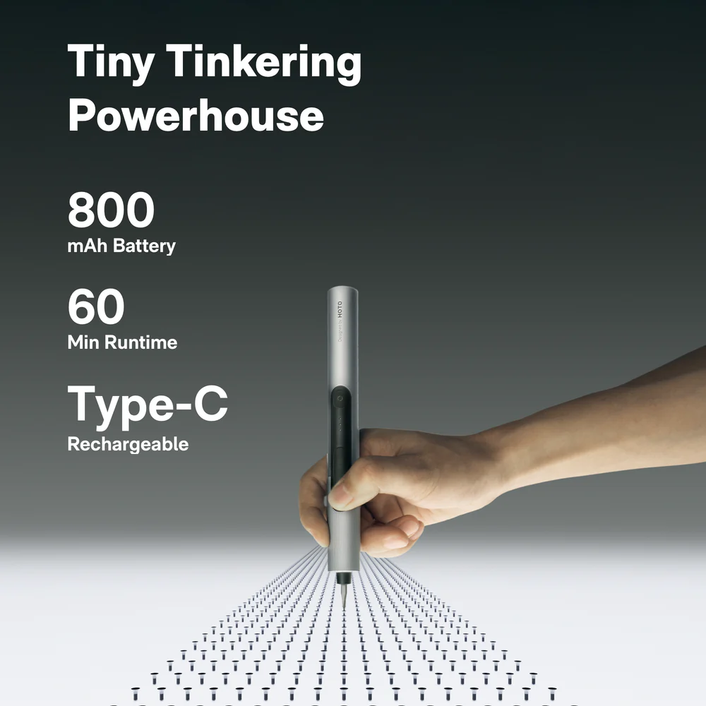 Hand holding a Type-C rechargeable device with specifications on a dark background