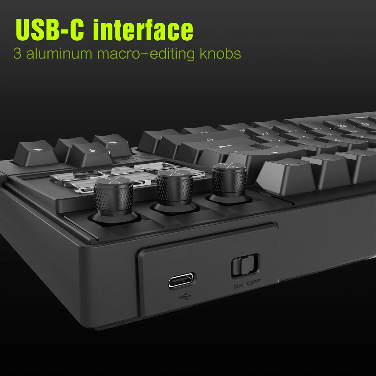 Keyboard with USB-C interface and knobs on a black background