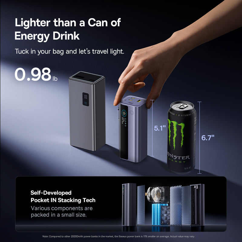 Hand holding a small electronic device next to a can of energy drink, emphasizing size comparison.