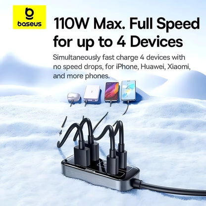 Baseus charging hub with multiple ports on a light blue background