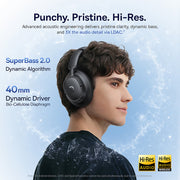 Person wearing black headphones with product features highlighted on a blue background