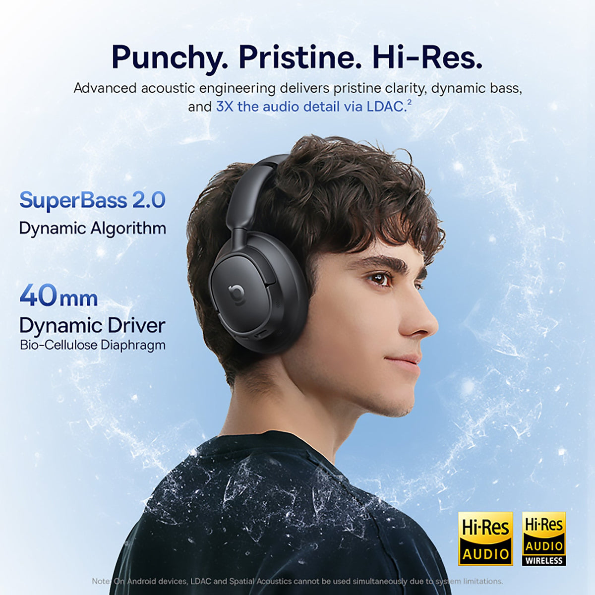 Person wearing black headphones with product features highlighted on a blue background