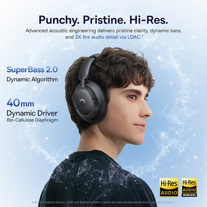 Person wearing black headphones with product features highlighted on a blue background