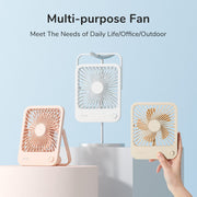 Jisulife Life1 Foldable Table Fan 2000mAh Portable USB-C Three multi-purpose fans on a light blue background with text about their uses.