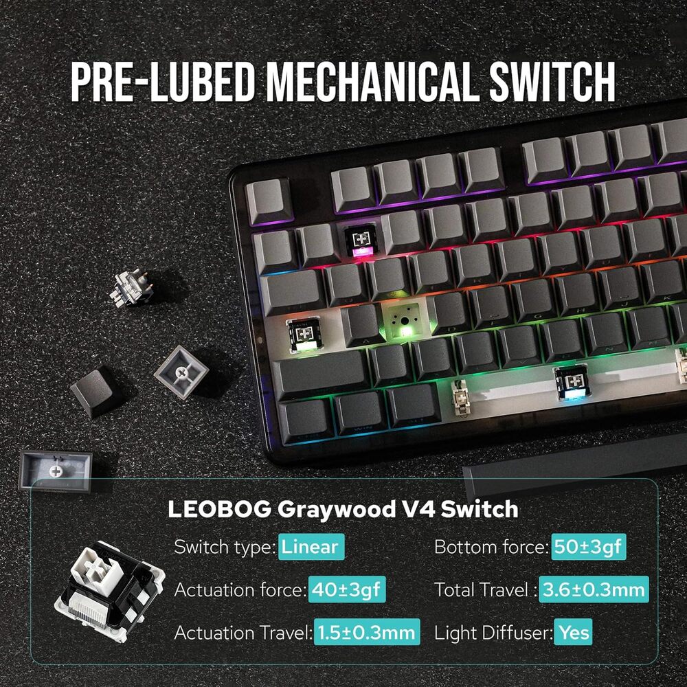 Mechanical keyboard with pre-lubed switches on a dark surface