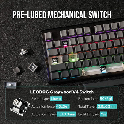 Mechanical keyboard with pre-lubed switches on a dark surface