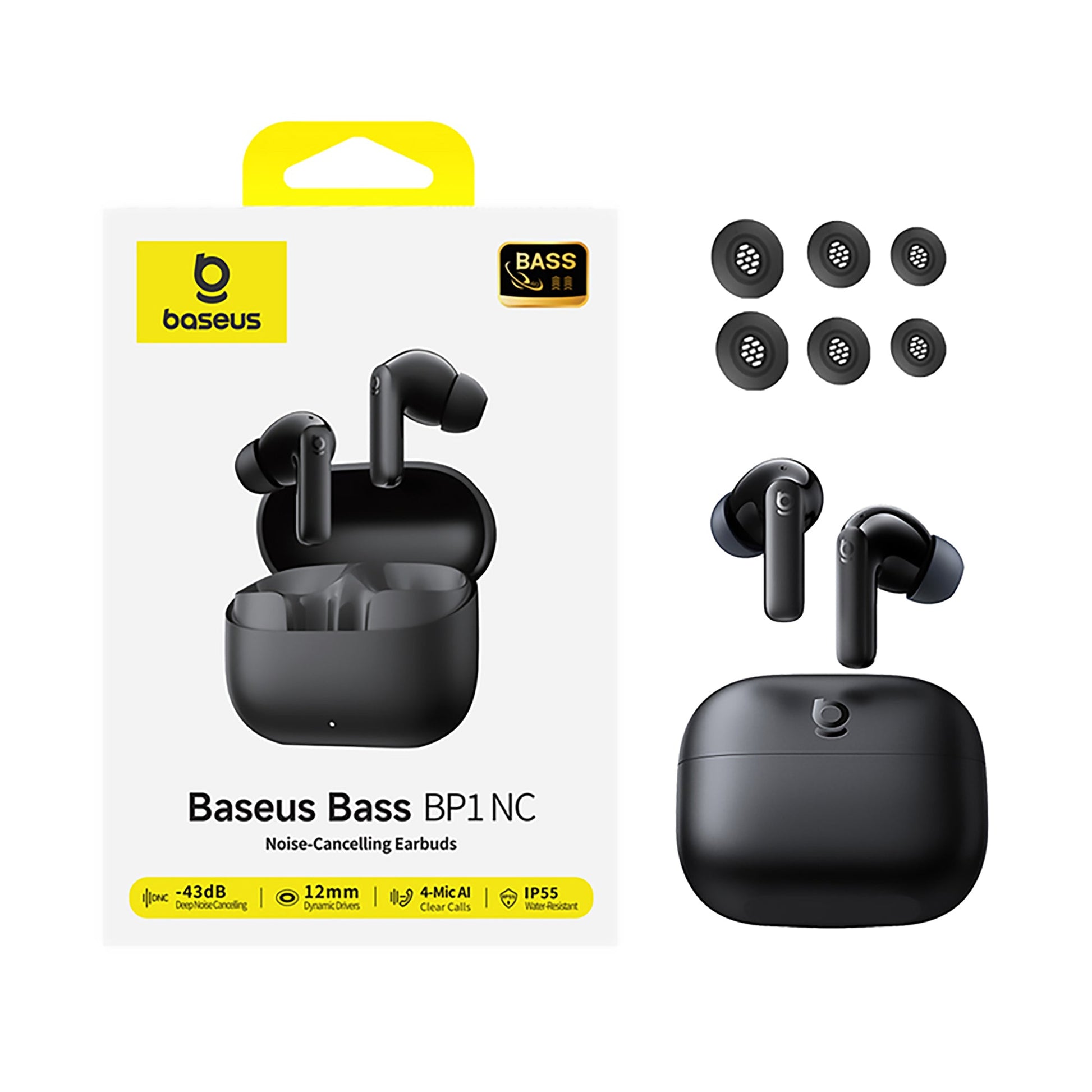 Baseus Bass BP1NC noise-canceling earbuds with packaging and accessories on a white background