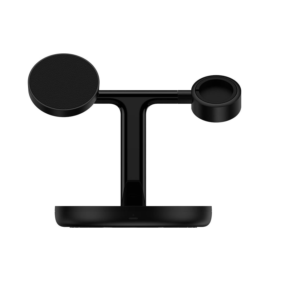 A black Baseus Swan 3-in-1 Wireless Magnetic Charging Bracket designed to charge multiple devices simultaneously.