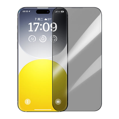 A front and back view of a clear tempered glass screen protector for an iPhone, with the brand Baseus visible on the back side.
