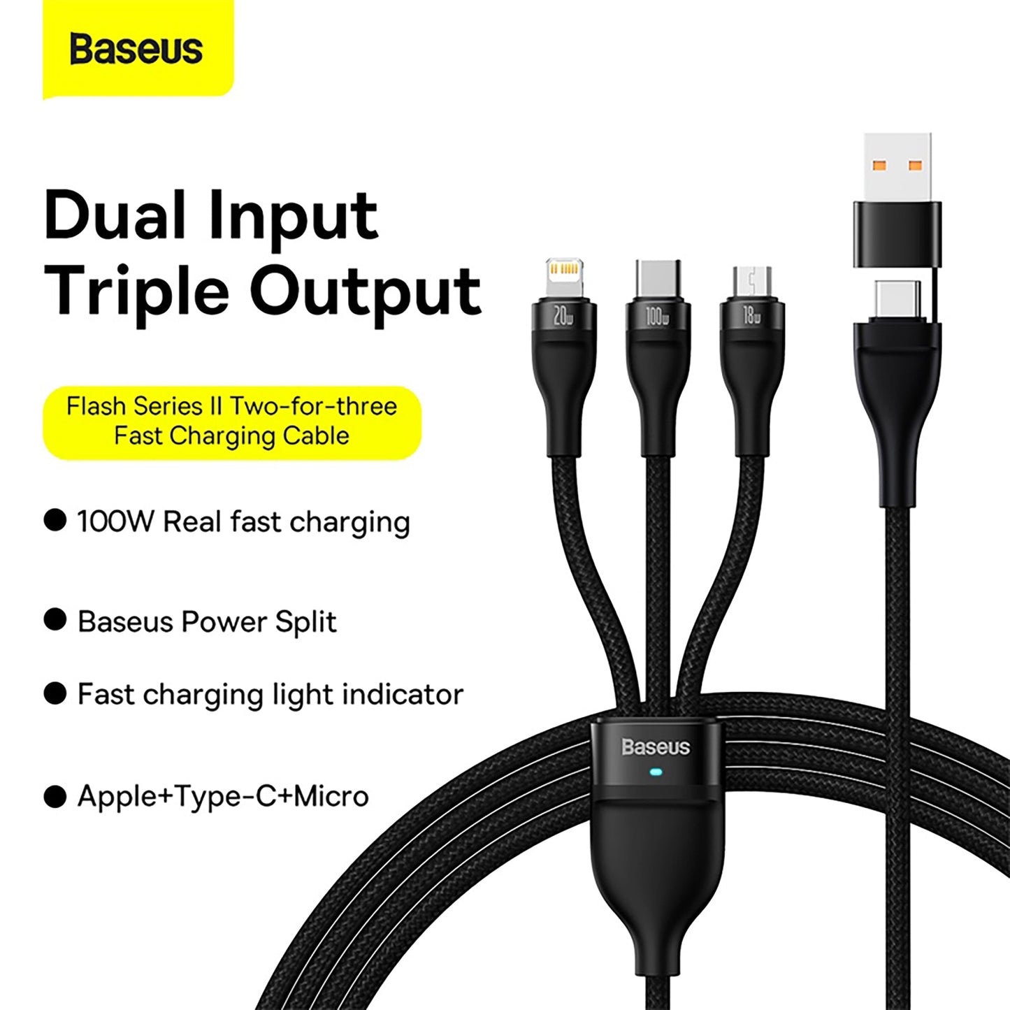 Baseus Flash Series Ⅱ 100W Two-for-three Charging Cable U+C to M+L+C