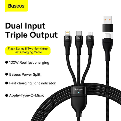 Baseus Flash Series Ⅱ 100W Two-for-three Charging Cable U+C to M+L+C
