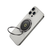 Smartphone with a ring holder attached on a white background
