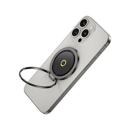 Smartphone with a ring holder attached on a white background