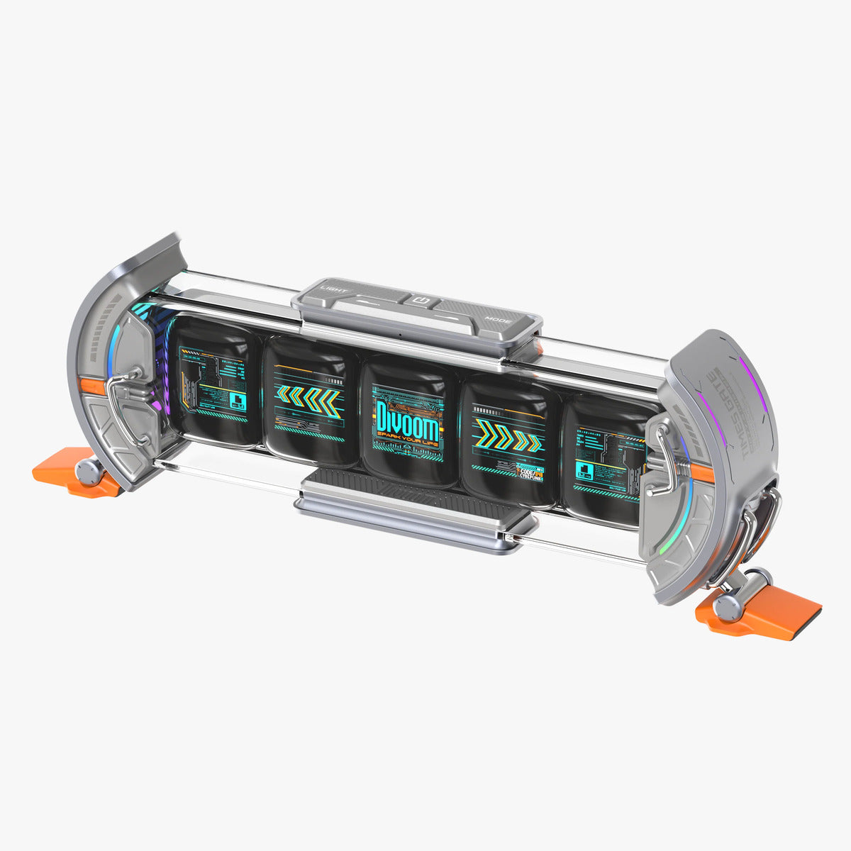 Divoom Times Gate 5‑Screen Smart Pixel Display (Wi‑Fi, RGB, Live Data Tracker) Toy hoverboard with glowing display and orange accents on a white background