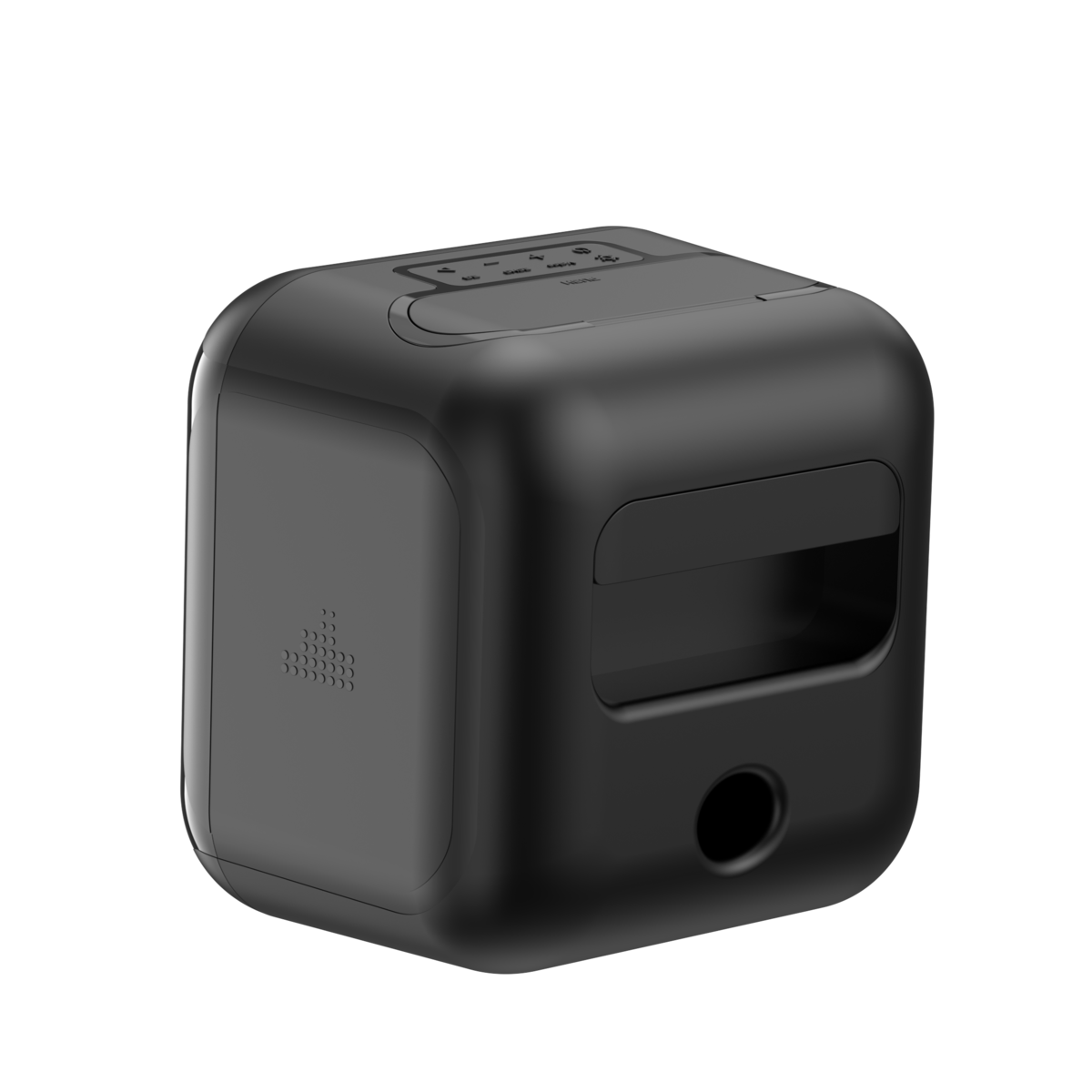 Black cube-shaped device with a brand logo on a white background