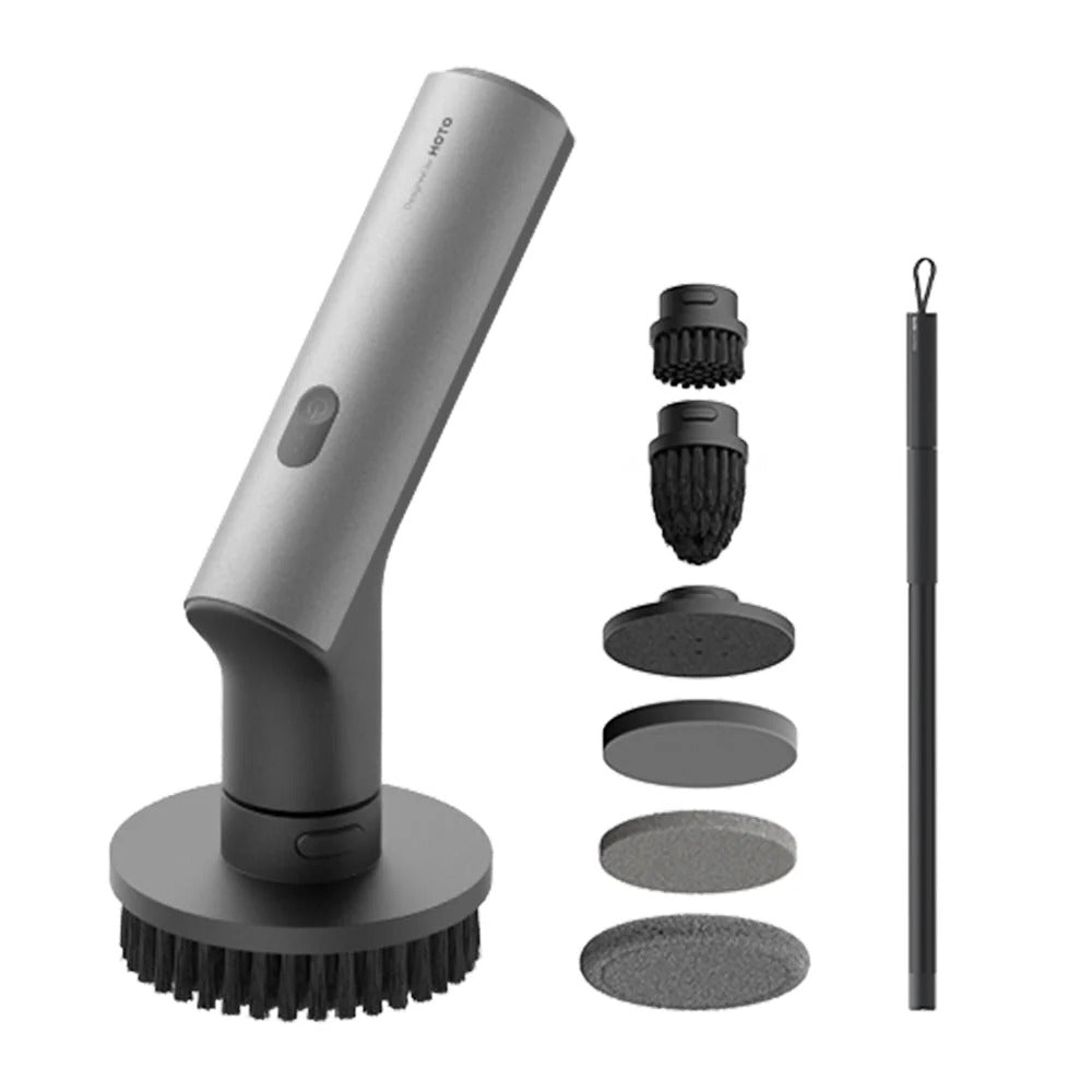 HOTO Cordless Spin Scrubber 6 Brush Head Set Grey handheld cleaning tool with interchangeable attachments on a white background