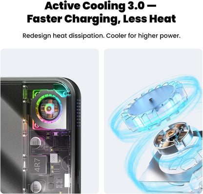 Sharge ICEMAG 3 MagSafe Power Bank (10000mAh, 25W Wireless, 35W USB‑C PD) Technical illustration of a cooling system with text highlighting active cooling features.
