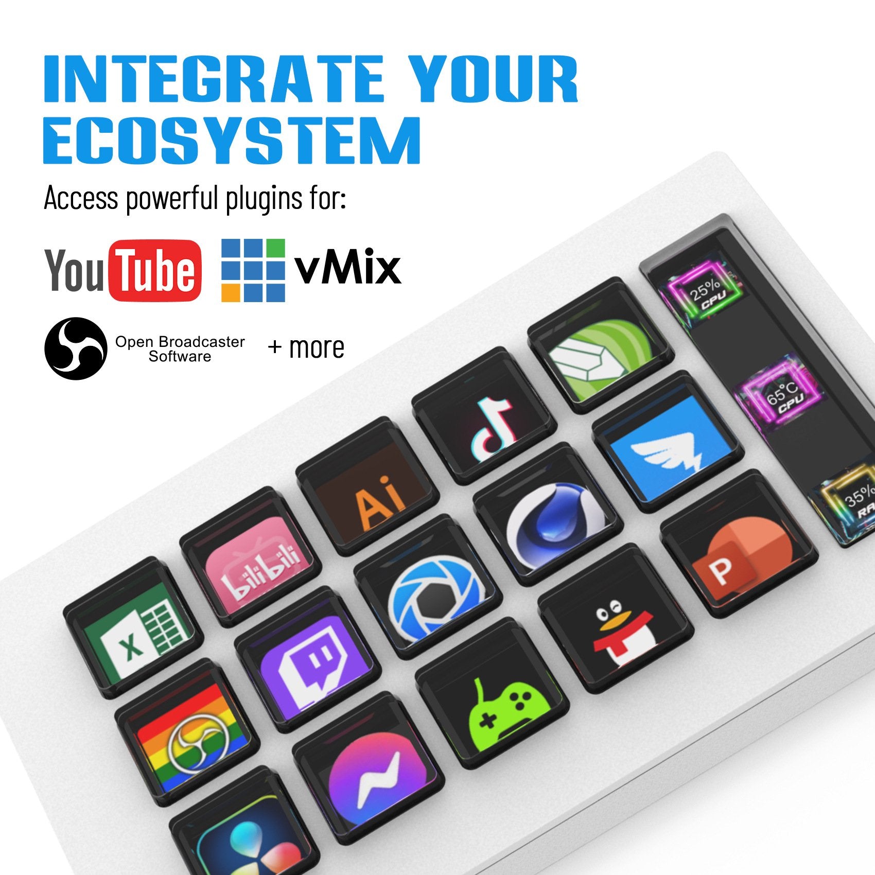 Keyboard with software application icons on keys, promoting integration with YouTube, vMix, and Open Broadcaster Software.