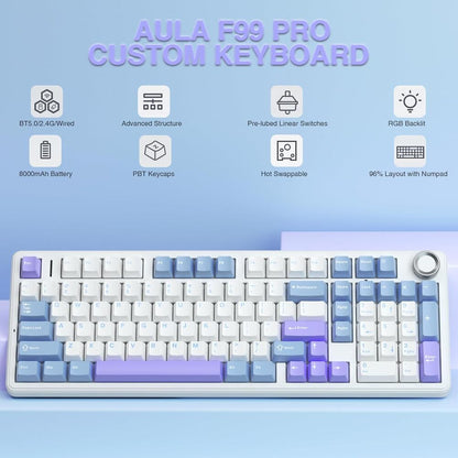 Aula F99 Pro custom keyboard with feature icons on a light blue background