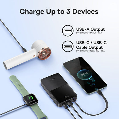 Charging station with multiple devices connected, including a phone, smartwatch, and hair dryer, on a light blue background.