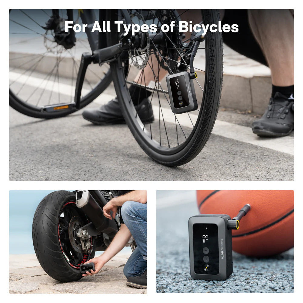 HOTO Air Pump Pocket, Bicycle pump being used on a bicycle tire with additional images of the pump in use on a basketball and another bicycle.