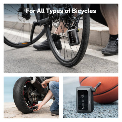 HOTO Air Pump Pocket, Bicycle pump being used on a bicycle tire with additional images of the pump in use on a basketball and another bicycle.