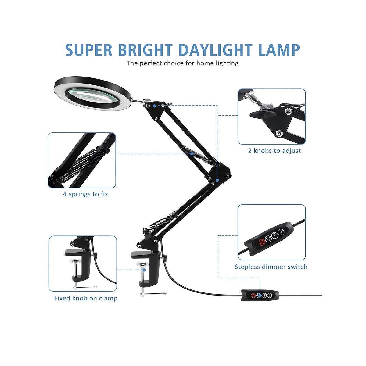 Super bright daylight lamp with adjustable arm and features highlighted on a white background