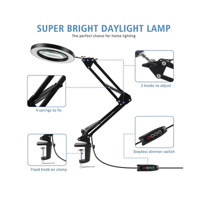 Super bright daylight lamp with adjustable arm and features highlighted on a white background