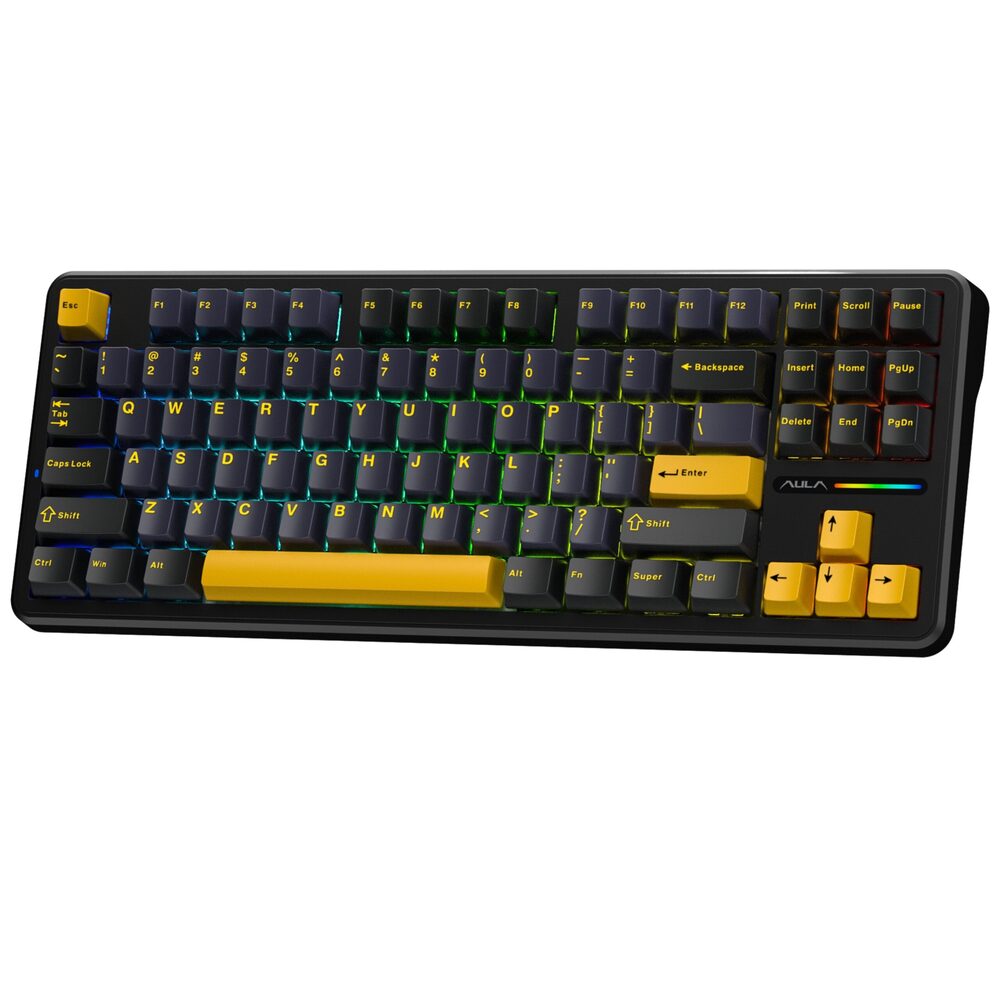 Mechanical keyboard with black and yellow keys on a white background