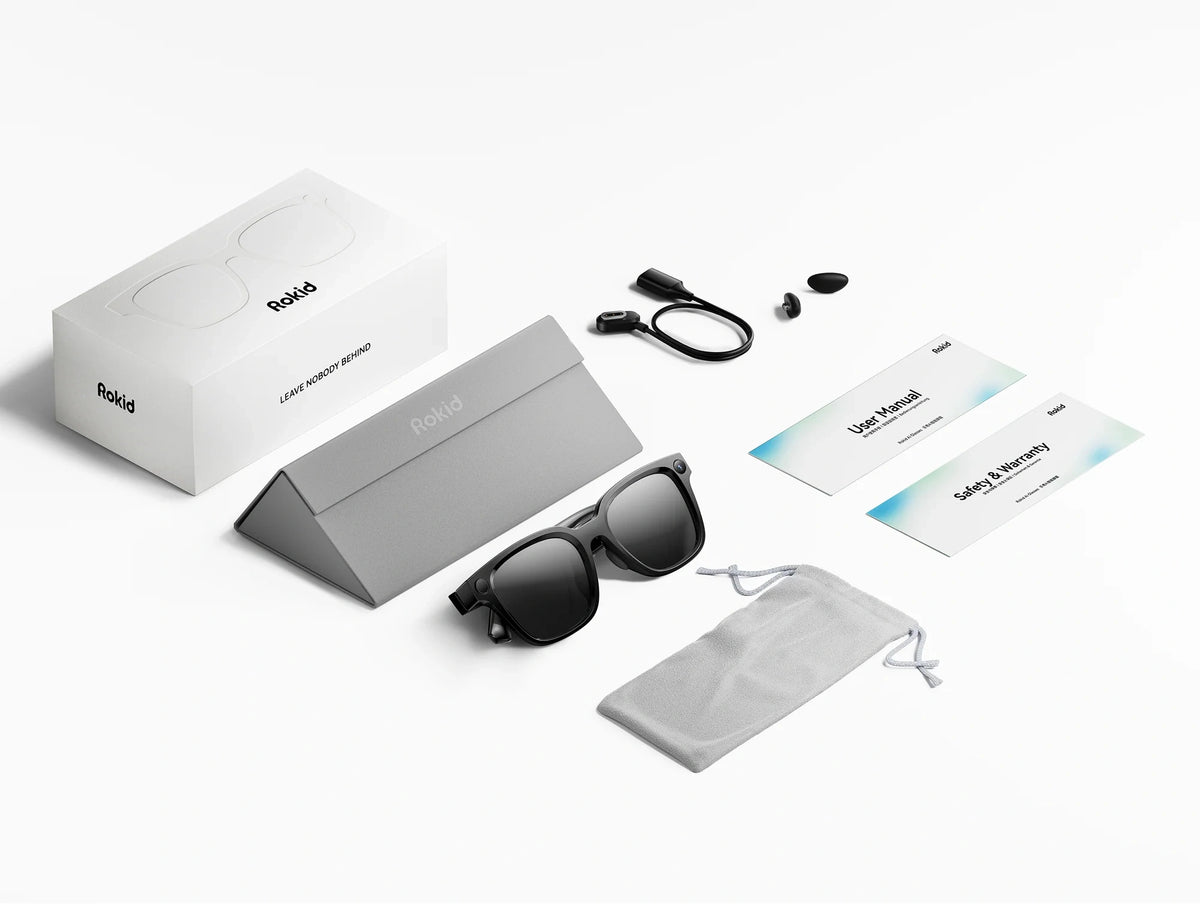Rokid AI Glasses Style (ChatGPT & Gemini, 12MP POV Camera, Real‑Time Translation) Packaged sunglasses with accessories on a white background