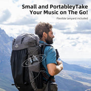 Man with a large backpack in a mountainous area with promotional text overlay.