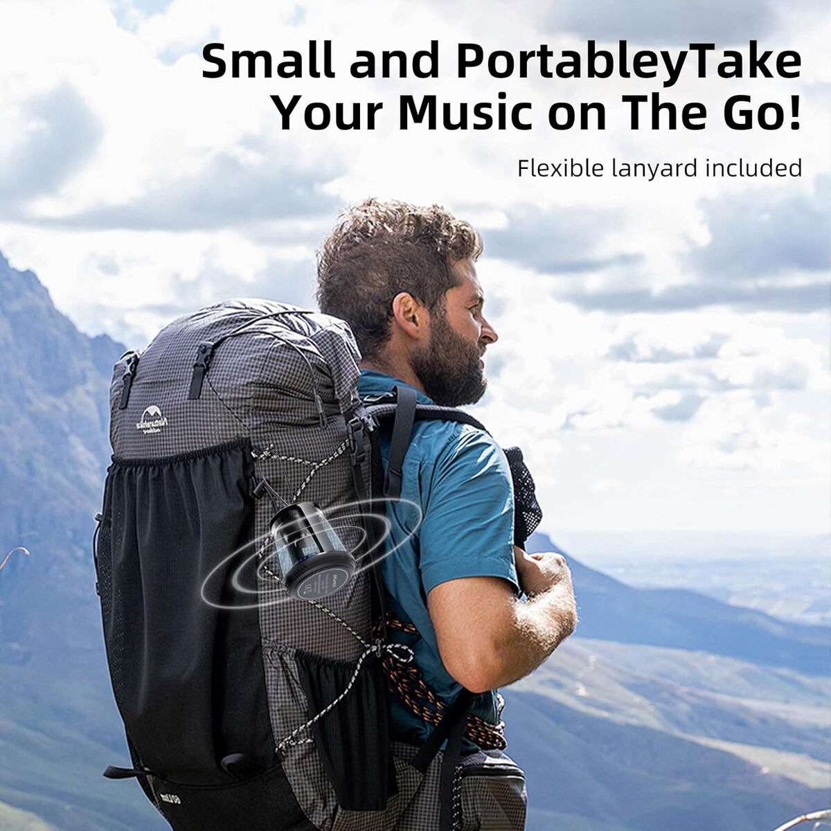 Man with a large backpack in a mountainous area with promotional text overlay.