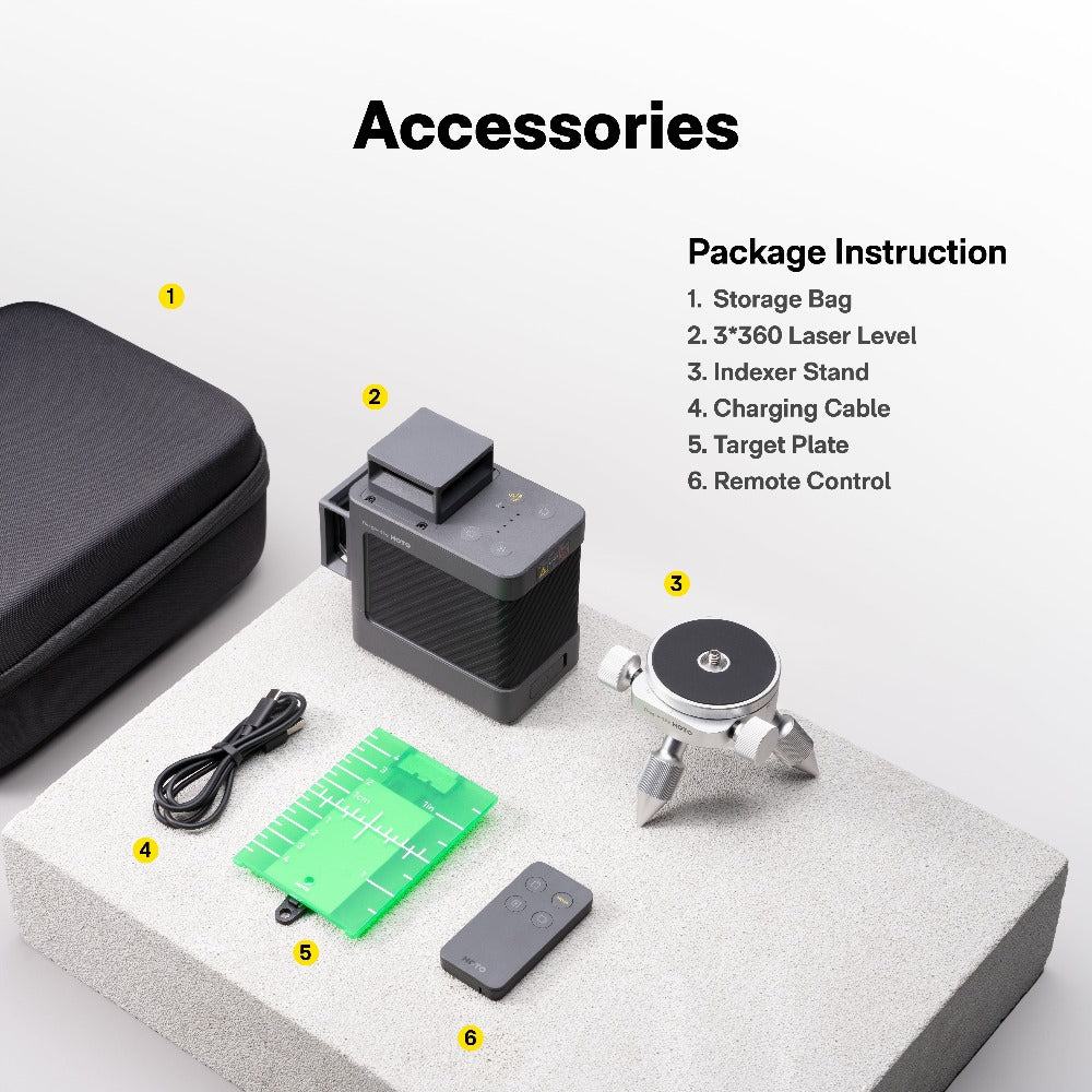 HOTO Laser Level, Set of accessories including a storage bag, laser level, indexer stand, charging cable, target plate, and remote control on a white surface.