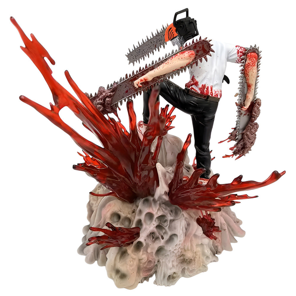 Gore-themed figurine with a person holding a chainsaw, surrounded by red liquid and bones on a white background.