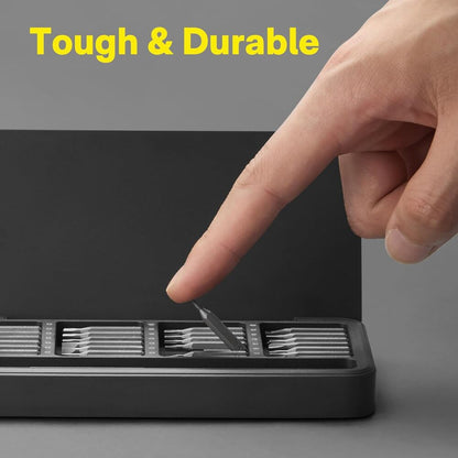 HOTO 28-in-1 Precision Screwdriver Set Hand pointing to a knife sharpener with 'Tough & Durable' text above