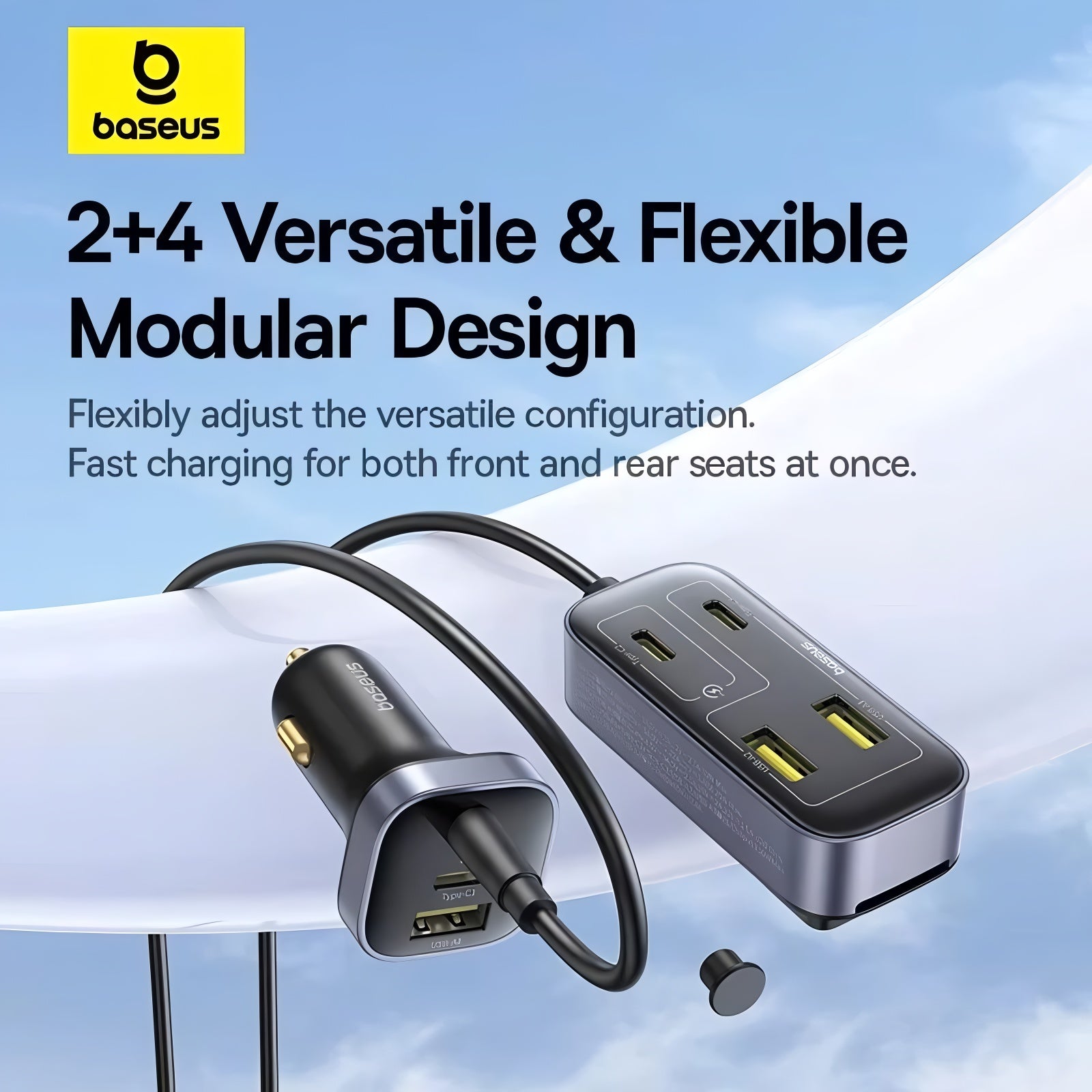 Baseus car charger with modular design on a blue background
