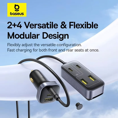 Baseus car charger with modular design on a blue background